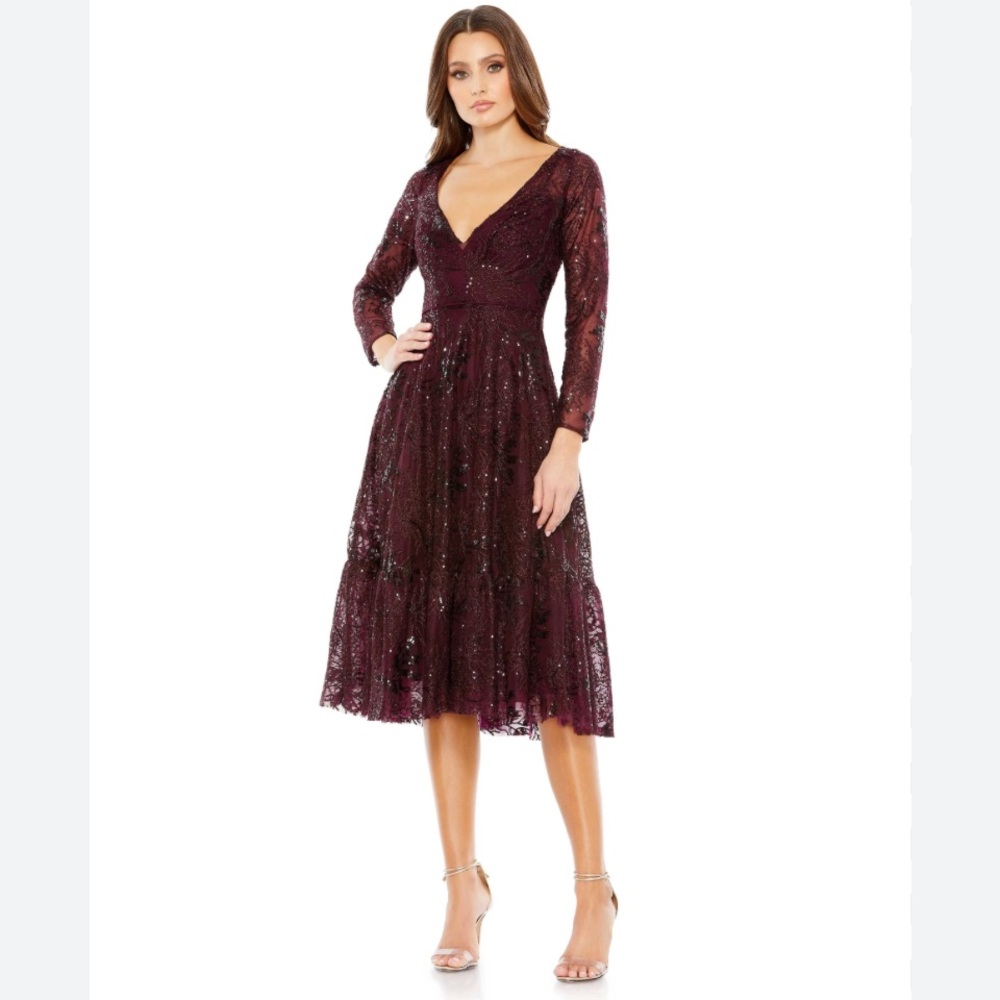 Mac Duggal Deep Red Lace Midi Dress NWT Size 10